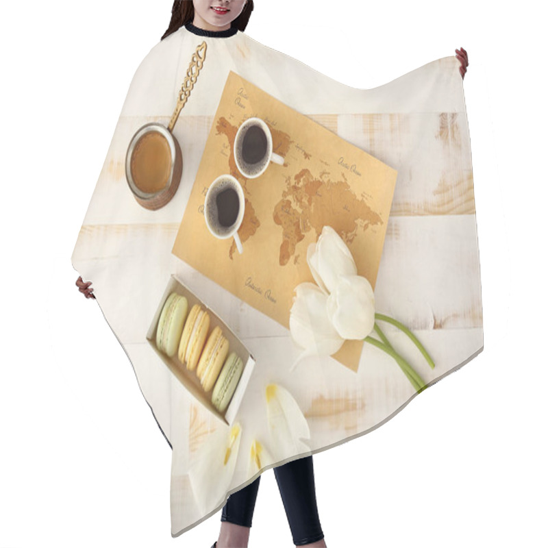 Personality  World Map With Tulip Flowers, Macarons And Coffee On White Wooden Table Hair Cutting Cape