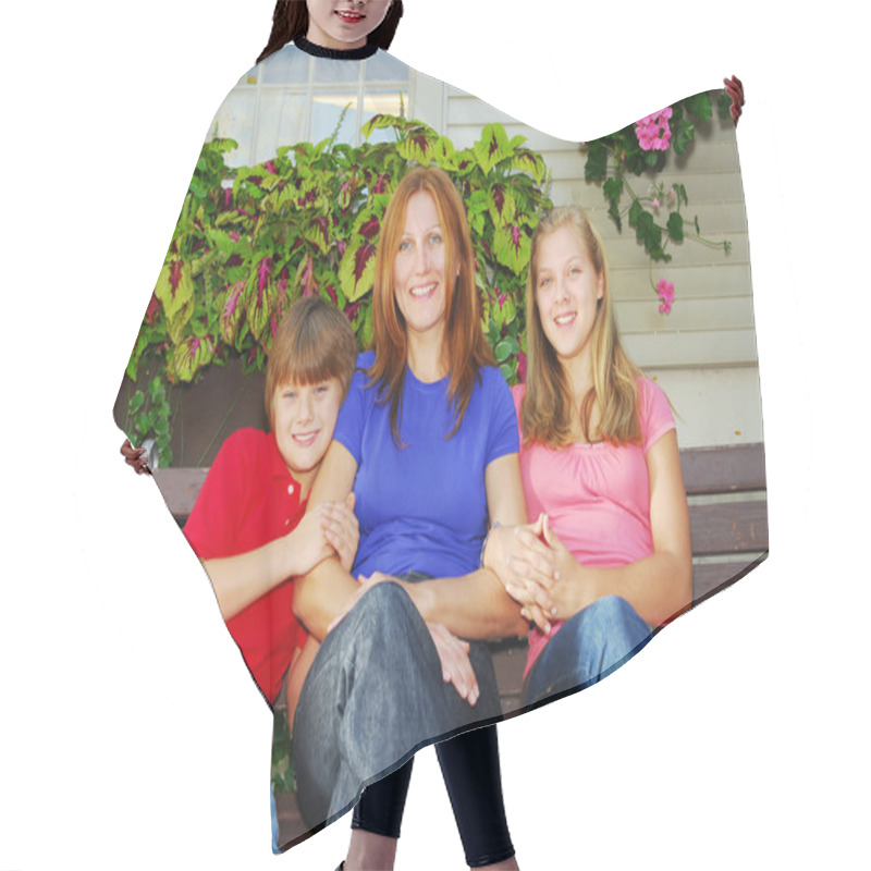 Personality  Family Of Mother And Children Sitting In Front Of Their House Hair Cutting Cape