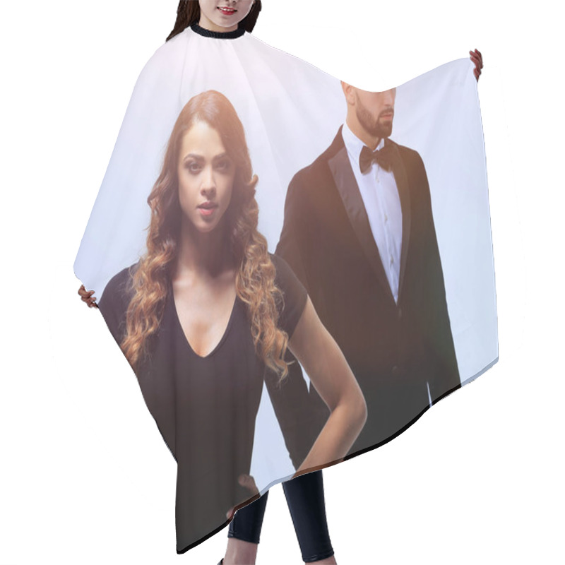 Personality  Serious Young Business Woman And Stylish Man Hair Cutting Cape