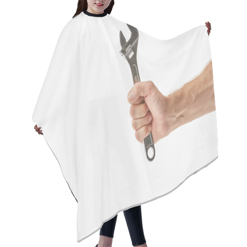 Personality  Partial View Of Man Holding Monkey Wrench Isolated On White Hair Cutting Cape