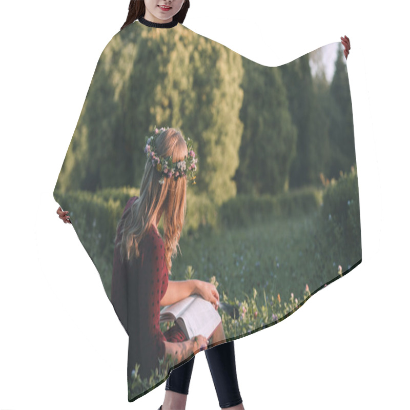 Personality  Attractive Woman In Wreath Reading At Nature, Back Hair Cutting Cape