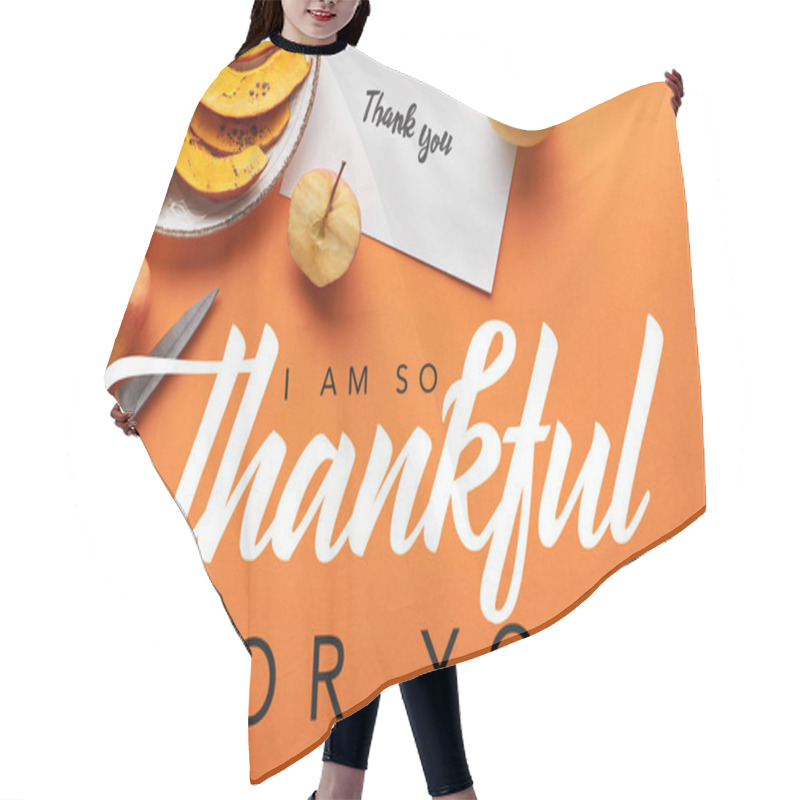 Personality  Top View Of Pumpkin, Apples, Knife And Thank You Card On Orange Background With I Am So Thankful For You Illustration Hair Cutting Cape