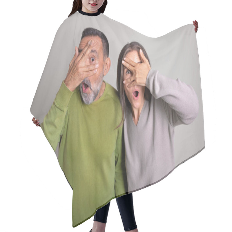 Personality  Shocked Frightened Old European Man And Woman With Open Mouth Covers Eyes With Hands On Gray Studio Background, Ad And Offer. Fear, Scare, People Emotions And Facial Expression Hair Cutting Cape