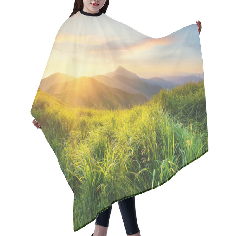 Personality  Mountain Valley During Sunset. Field With Fresh Grass And The Mountain Hills. Natural Landscape At The Summer Time Hair Cutting Cape