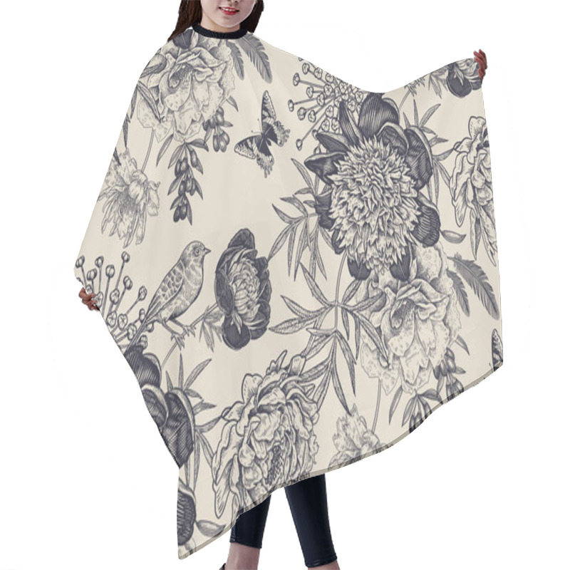 Personality  Floral Seamless Pattern With Garden Flowers Peonies, Bird And Bu Hair Cutting Cape