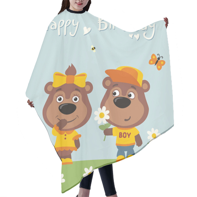 Personality  Greeting Card With Cute Funny Cartoon Characters Of Funny Bear Boy Giving Flower To Bear Girl On Meadow And Text Happy Birthday Hair Cutting Cape