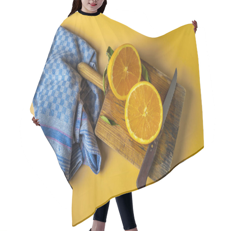 Personality  Monochrome Picture Of An Orange Cut In Half, On A Cutting Board, Next To A Blue Dishcloth Hair Cutting Cape