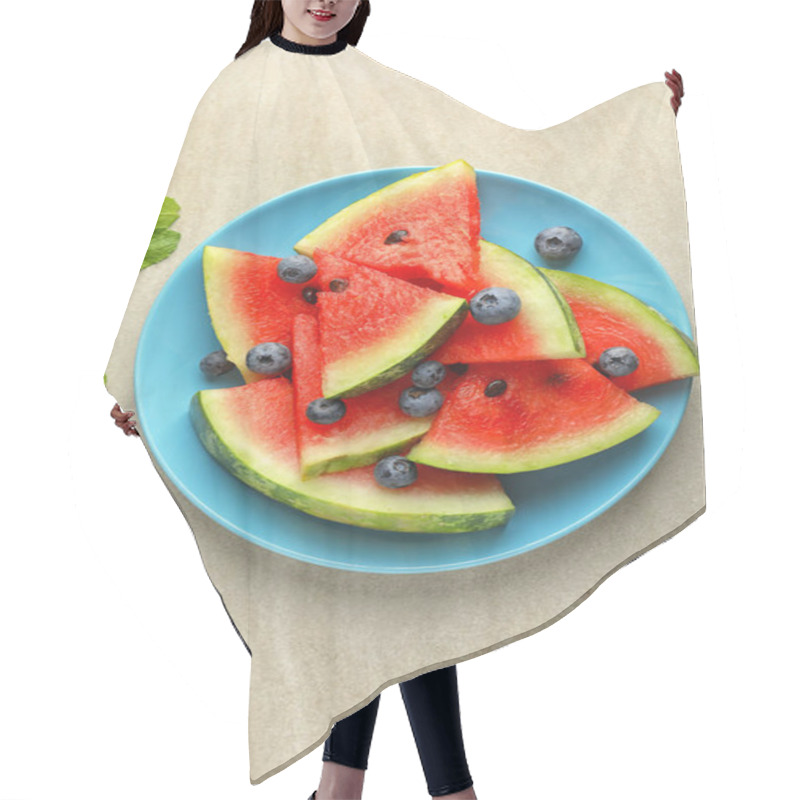 Personality  Plate With Sweet Watermelon Slices And Blueberries On Light Background Hair Cutting Cape