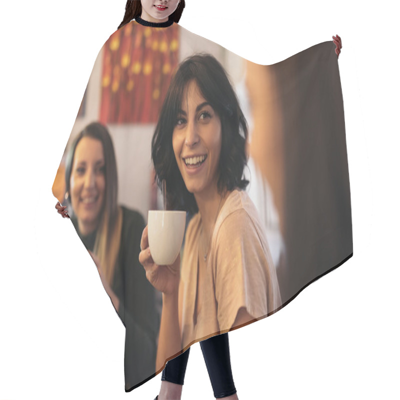 Personality  Three Beautiful Women Drinking Coffee And Chatting. Hair Cutting Cape