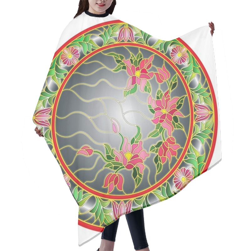 Personality  Illustration In Stained Glass Style Flowers On A Dark Background  In A Bright Floral Frame , Round Picture Hair Cutting Cape