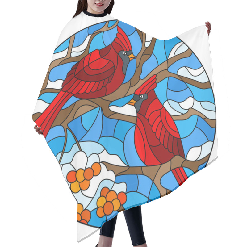 Personality  An Illustration In The Style Of A Stained Glass Window With Bright Cardinal Birds On Snow-covered Tree Branches, Oval Image Hair Cutting Cape