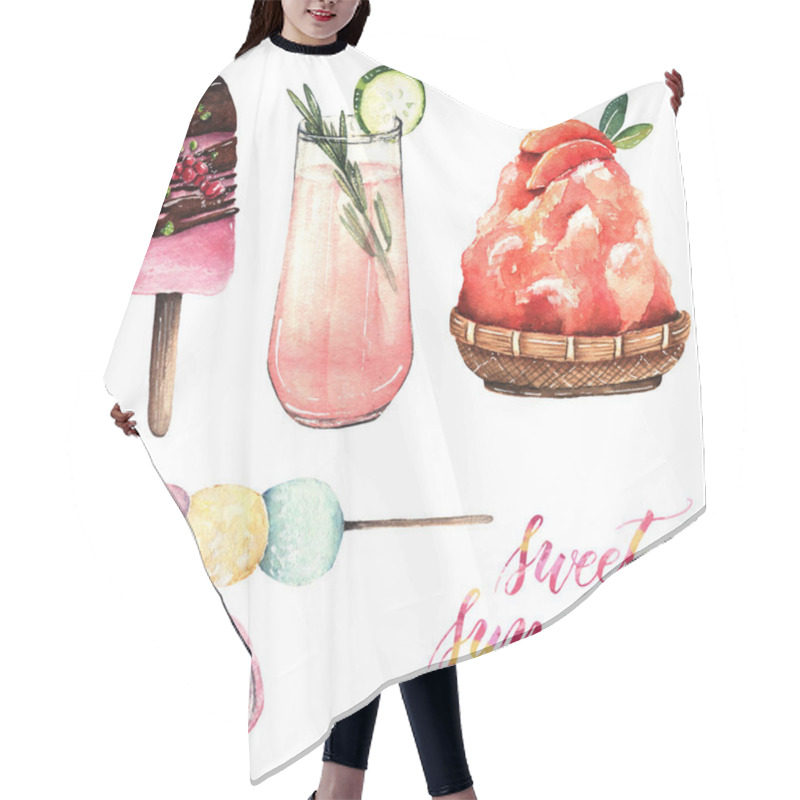 Personality  Watercolor Illustration. Sweet Summer, Shaved Ice, Cocktail, Mochi, Ice Cream, Handmade, Set Hair Cutting Cape