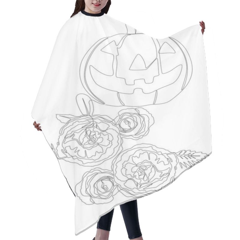 Personality  One Continuous Line Of Jack O' Lantern With Rose Flowers. Thin Line Illustration Vector Concept. Contour Drawing Creative Ideas. Hair Cutting Cape