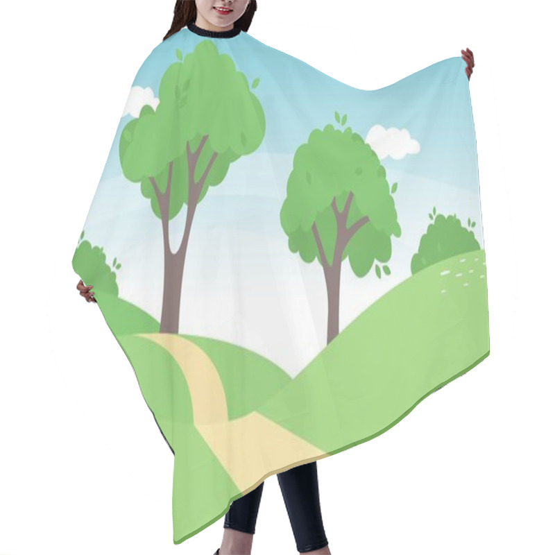 Personality  Spring Landscape In Countryside With Green Meadow On Hills And Blue Sky, Vector Cartoon Summer Or Spring Landscape, Panoramic Grass Field And Wildflower, Holiday Natural Background Hair Cutting Cape