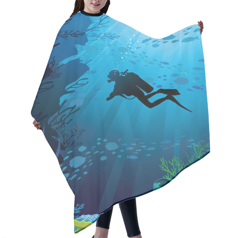 Personality  Beautiful Coral Reef And Silhouettes Of Diver Hair Cutting Cape