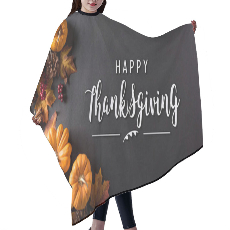 Personality  Thanksgiving Background Decoration From Dry Leaves,red Berries And Pumpkin On Blackboard Background. Flat Lay, Top View For Autumn, Fall, Thanksgiving Concept. Hair Cutting Cape