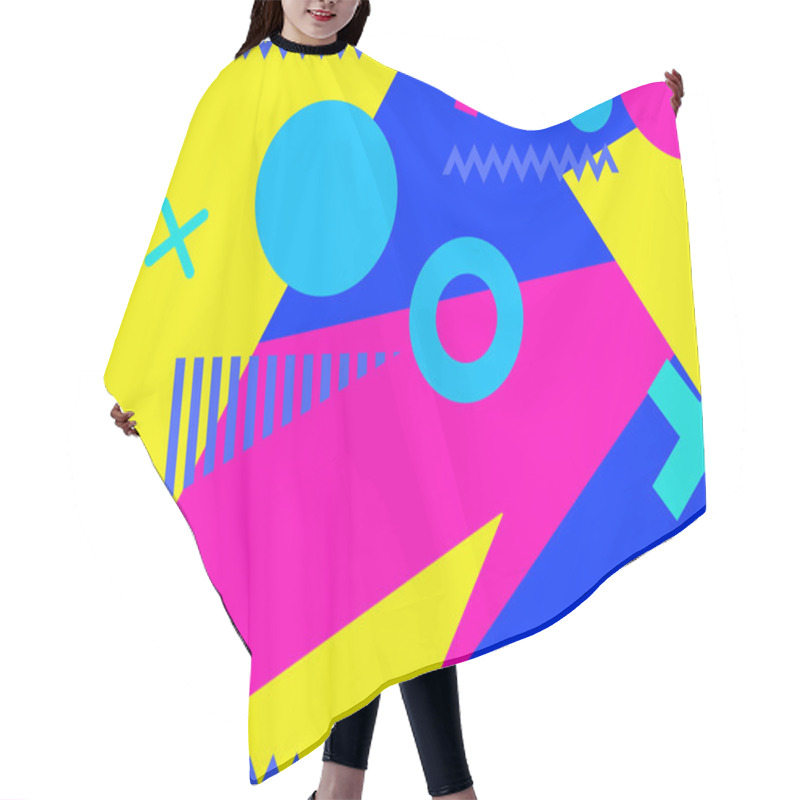 Personality  Memphis Seamless Pattern With Geometric Shapes In The Style Of The 80s. Multi-colored Triangles, Circles And Zigzags For Promotional Products, Wrapping Paper And Printing. Vector Illustration Hair Cutting Cape