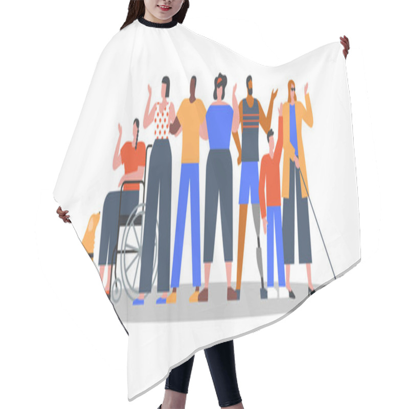 Personality  Group Of Diverse People In Modern Flat Cartoon Style With Disabled Characters. Handicap Or Special Ability Social Inclusion Concept On Isolated Background. Hair Cutting Cape