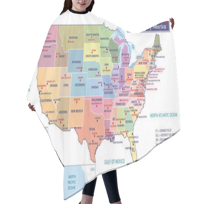 Personality  States Capitals And Major Cities Of The United States Of America. Beautiful Modern Graphic Vector USA Map. Alaska And Hawa. Pastel Tones. Hair Cutting Cape