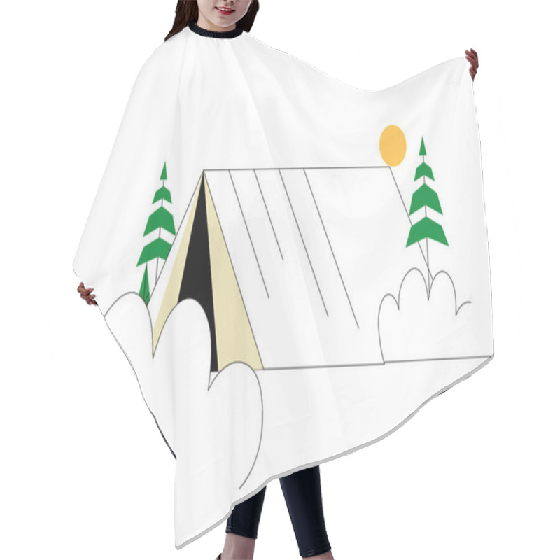 Personality  Large Camping Tent Surrounded By Green Pine Trees With A Rising Sun Symbolizing Outdoor Exploration, Nature Adventures, And Travel Concepts In Flat Vector Art. Hair Cutting Cape