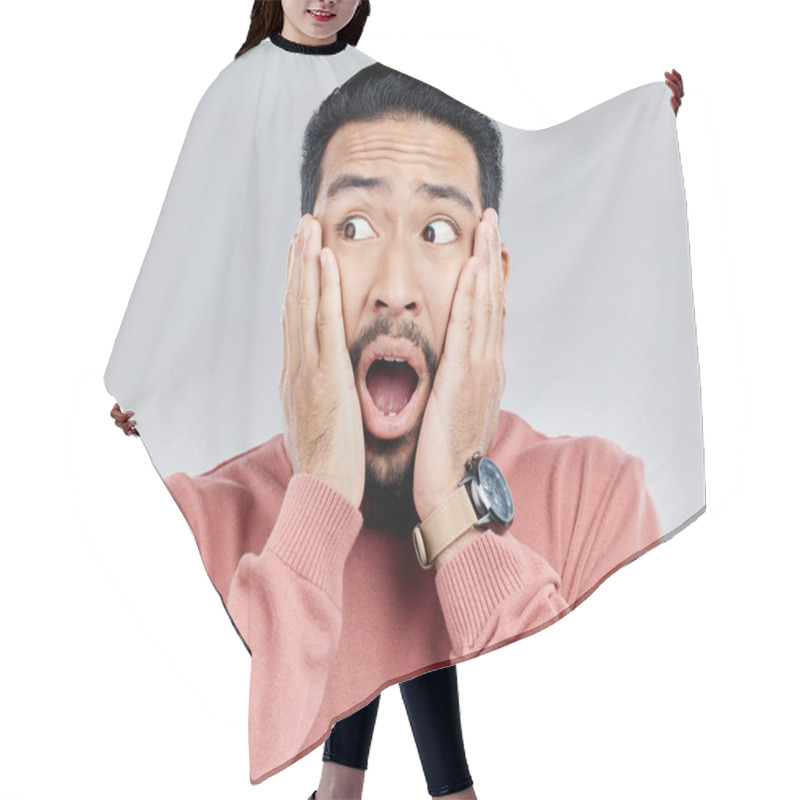 Personality  Wow, Surprise And Indian Man With Hands On Face In Shock, Omg And Deal Announcement In Studio. Emoji, Meme And Excited Person With Info For Shocking Gossip, News Or Information On White Background Hair Cutting Cape