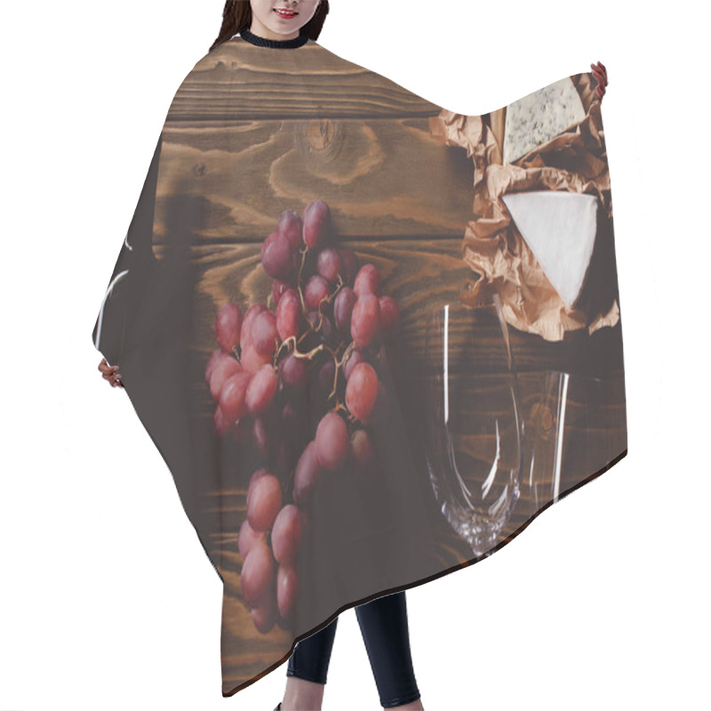 Personality  Top View Of Bottle Of Red Wine With Glasses And Appetizers On Wooden Table Hair Cutting Cape