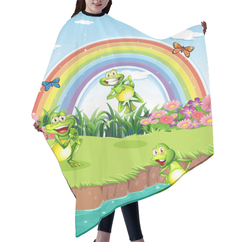 Personality  Three Playful Frogs At The Pond And A Rainbow In The Sky Hair Cutting Cape