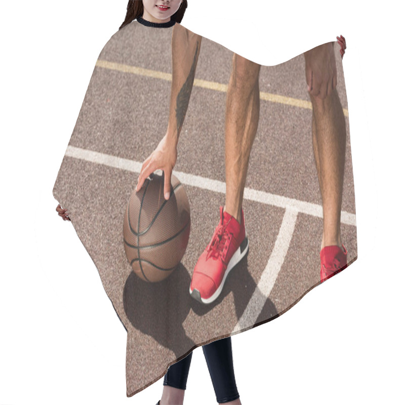 Personality  Cropped View Of Sportsman In Red Sneakers With Ball At Basketball Court Hair Cutting Cape