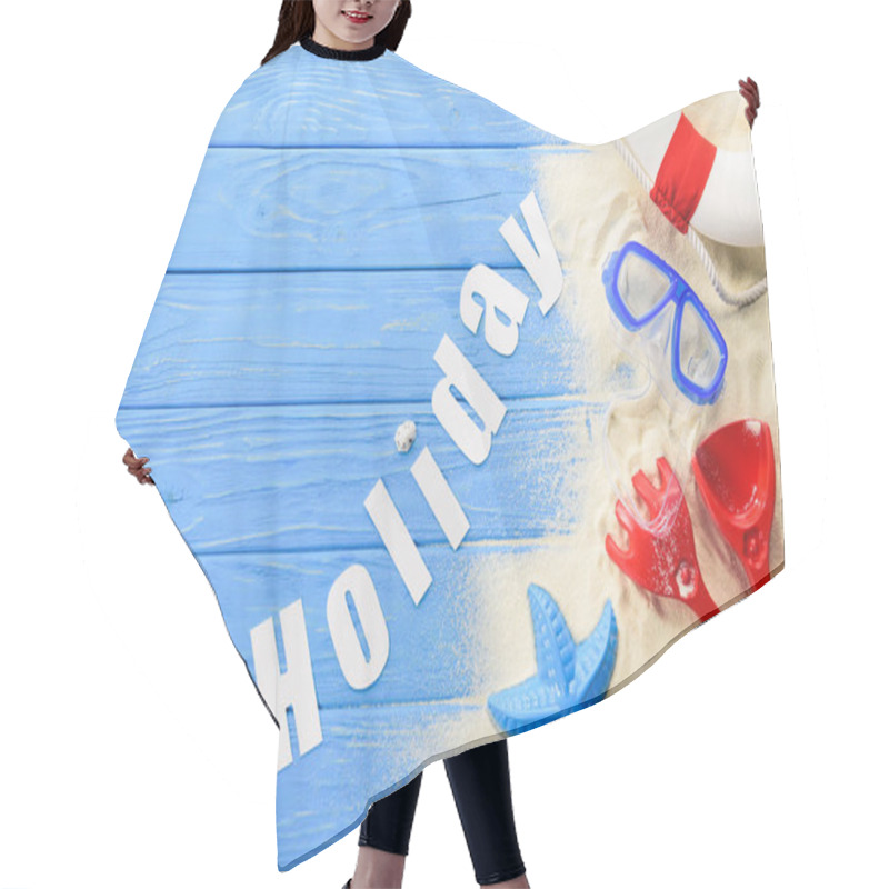 Personality  Beach Toys And Holiday Inscription On Blue Wooden Background Hair Cutting Cape