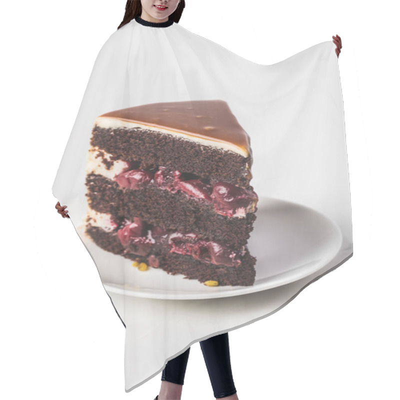 Personality  Close Up View Of Sweet Cherry-chocolate Cake On Plate Isolated On White Hair Cutting Cape