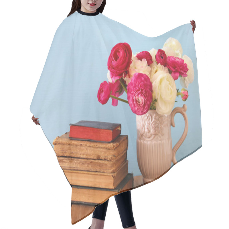 Personality  Beautiful Bouquet Of Flowers In The Vase Next To Old Books Hair Cutting Cape