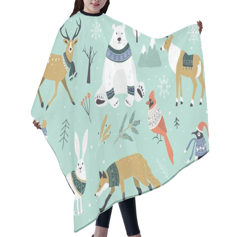 Personality  Set Of Christmas Animals In The Forest, Bear, Fox, Hare, Reindeer, Penguin. Scandinavian Style.Winter Animals In A Sweater And Scarfs. Hand Drawn Characters Cartoon Flat Design. Hair Cutting Cape