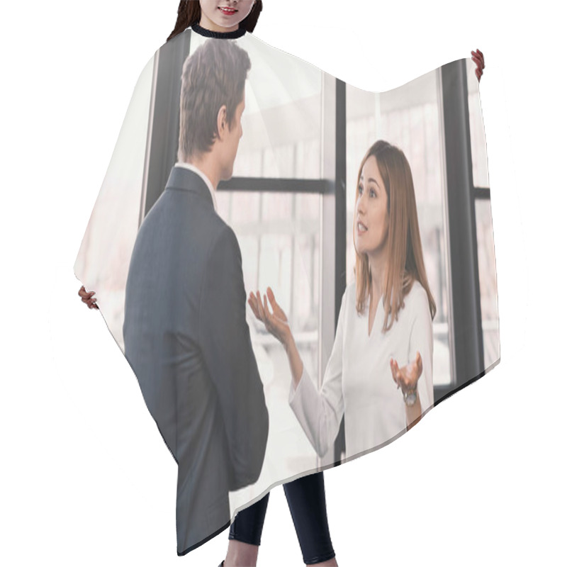 Personality  Emotional Woman Gesturing During Job Interview With Businessman In Office Hair Cutting Cape