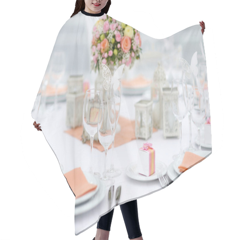 Personality  Table Set For An Event Party Or Wedding Reception Hair Cutting Cape