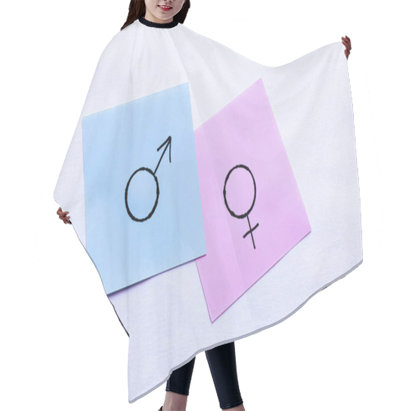 Personality  Top View Of Violet Cards With Gender Identity Signs On White Background Hair Cutting Cape