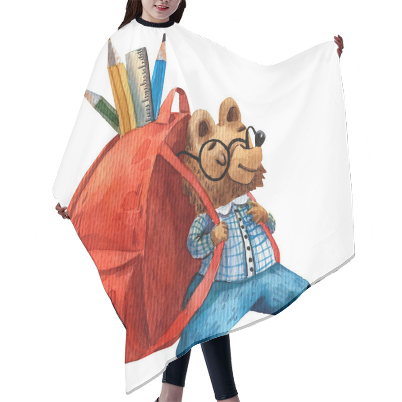 Personality  Watercolor Illustration Of Cute Bear. Pupil Character. Elementary School Illustration. Cartoon Style. School Children. Drawing Book Illustration. Little Clever Boy With Satchel. Big Red Knapsack. Hair Cutting Cape