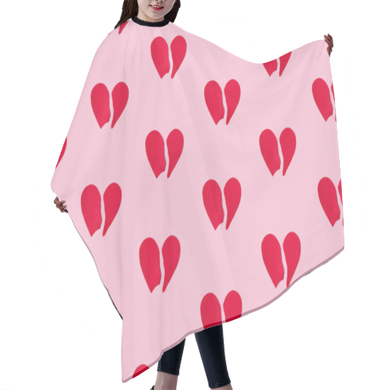 Personality  Pattern Of Red Paper Heart Torn Into Two Halves On Pastel Pink Background. Broken Heart Concept, Top View, Copy Space Hair Cutting Cape