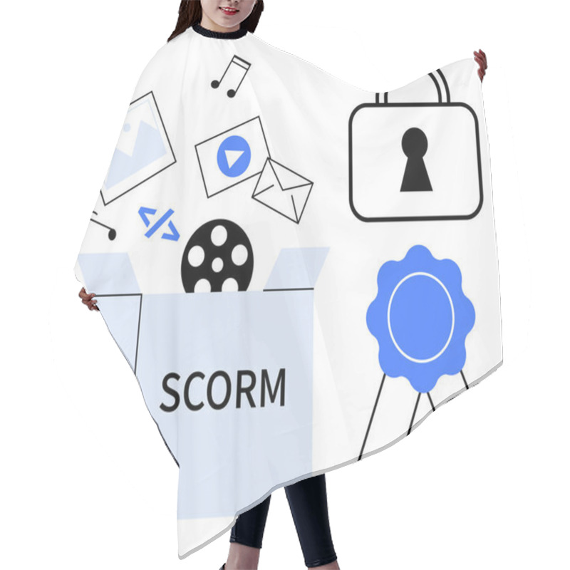 Personality  Open Box Labeled SCORM With Multimedia Content Thumbs Up Images, Music, Videos, And Code, Accompanied By A Padlock And Certification Ribbon. Ideal For E-learning, Content Management, Security Hair Cutting Cape