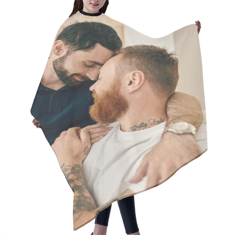 Personality  Two Men With Tattoos On Their Arms Hug Each Other In A Display Of Love And Unity In A Modern Living Room. Hair Cutting Cape