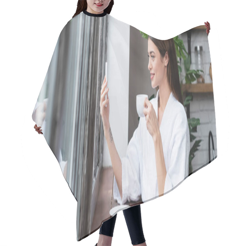 Personality  Smiling Young Adult Woman In Bathrobe Taking Selfie On Cellphone Near Window In Modern Loft, Banner Hair Cutting Cape