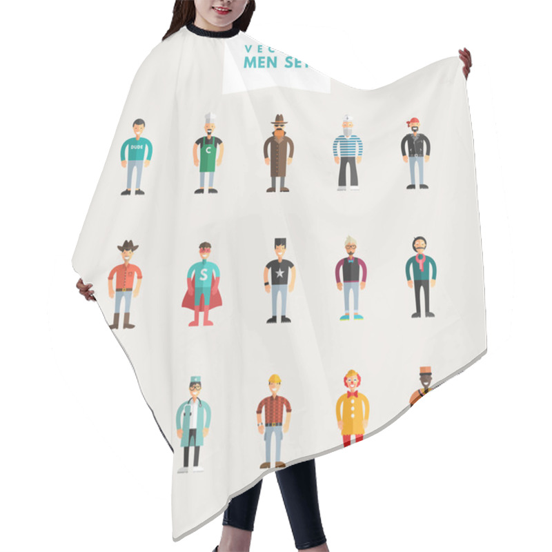 Personality  Set Of Flat Design Professional People Characters. Men Set. Sailor, Cowboy, Stylist, Policeman, Clown, Painter, Cook, Spy, Superman, Doctor, Worker Hair Cutting Cape