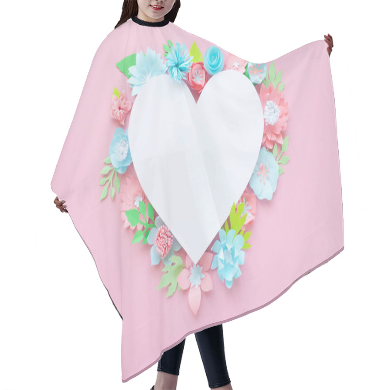 Personality  Heart Frame With Paper Flowers With Green Leaves On Pink Background. Cut From Paper. Valentines Day Concept Hair Cutting Cape