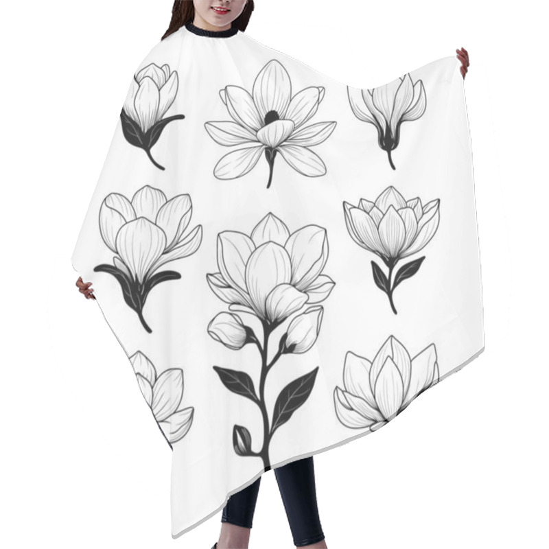 Personality  Black And White Magnolia Flower Illustrations In A Fine Line Art Style. Set Of Spring Flowers. For Botanical Designs, Prints, And Tattoo.  Hair Cutting Cape