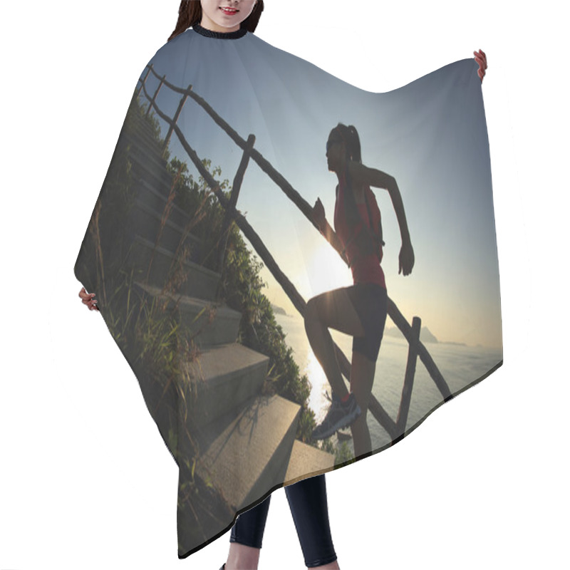 Personality  Fitness Woman On Mountain Stairs Hair Cutting Cape