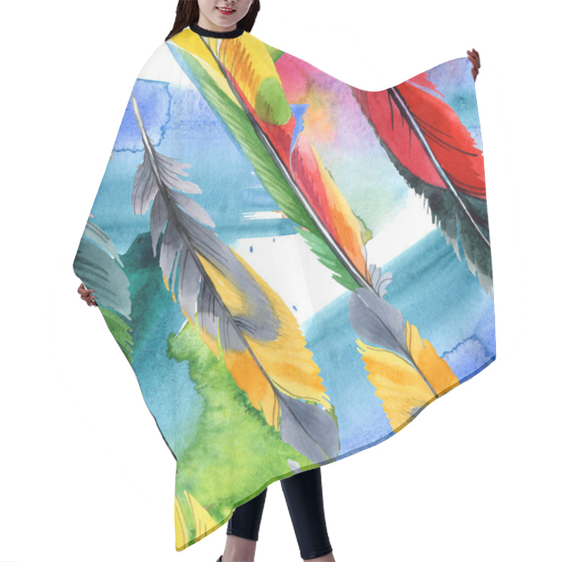 Personality  Colorful Bird Feather From Wing Isolated. Watercolour Drawing Fashion Aquarelle. Fabric Wallpaper Print Texture. Hair Cutting Cape