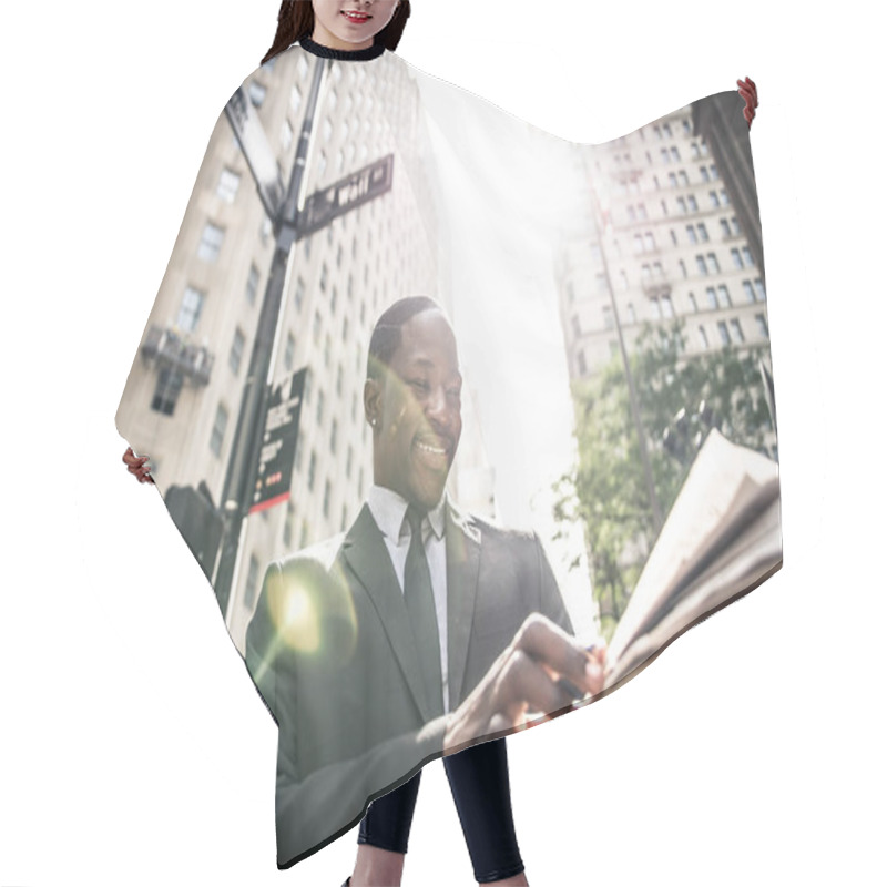 Personality  Smiling Businessman Reading Newspaper Hair Cutting Cape