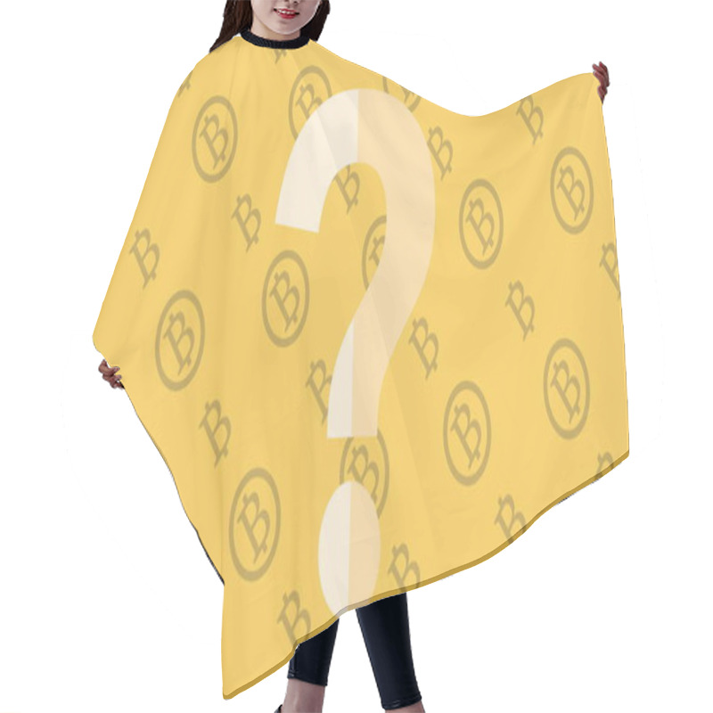 Personality  Question Mark Over Bitcoin Symbols On Yellow Background. Cryptocurrency, Finance, Digital Currency, Blockchain, Investment, Uncertainty Hair Cutting Cape