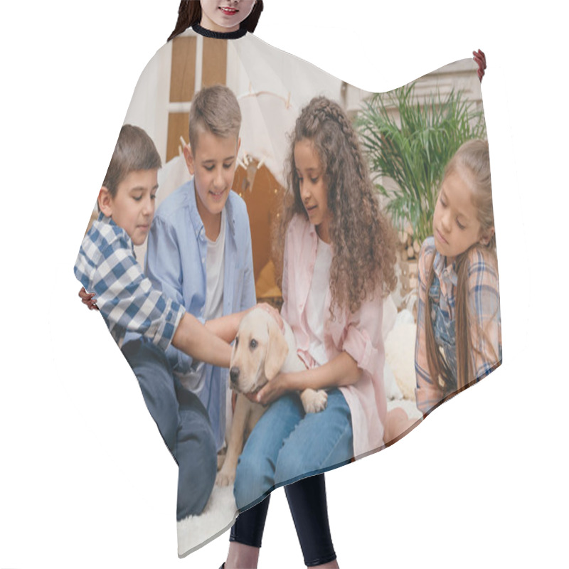 Personality  Multiethnic Children With Labrador Puppy Hair Cutting Cape