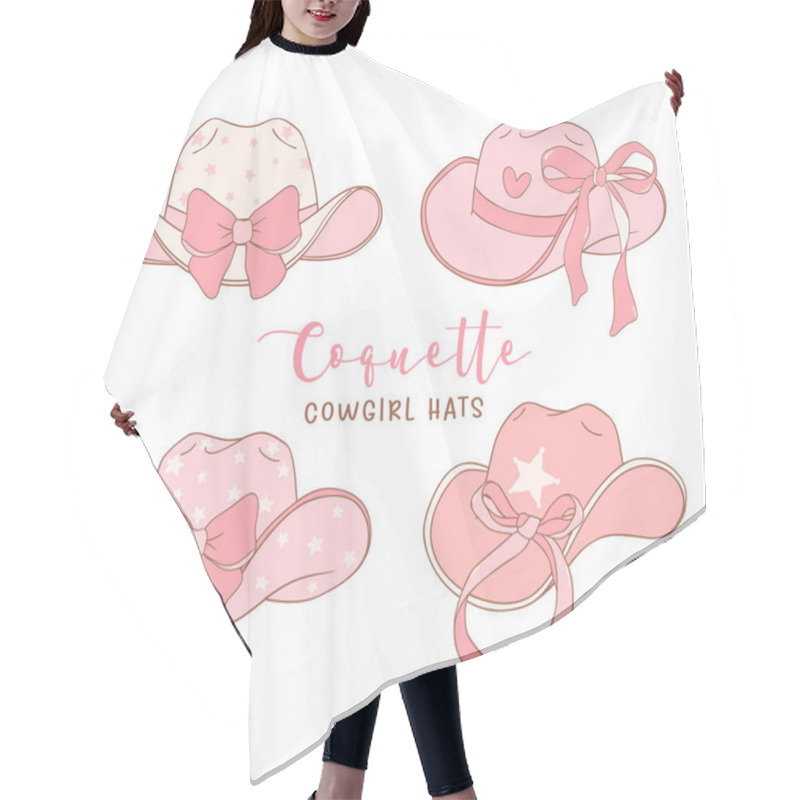 Personality  Set Of Coquette Cowgirl Hats With Pink Ribbon Bow Hand Drawn Doodle Illustration. Hair Cutting Cape