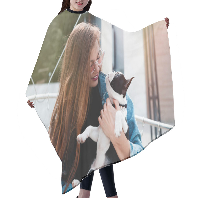 Personality  Beauty Woman With Her Dog Playing Outdoors.happy Hipster Woman Playing With Boston Terrier In Sunset Light, Summer Vacation. Stylish Girl With Funny Dog Resting, Hugging And Having Fun In Park. Hair Cutting Cape